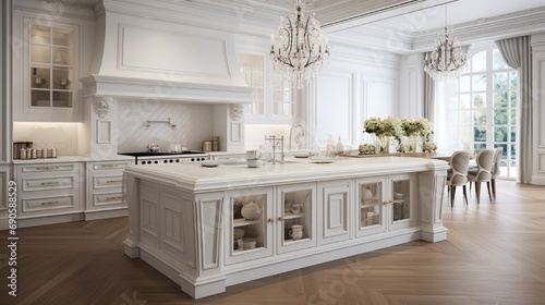 Amazing Luxury Kitchen Interior in white with wooden floor and kitchen island.