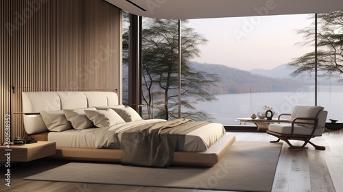A 3d rendering of Modern Design Bedroom with landscape view © Classy designs