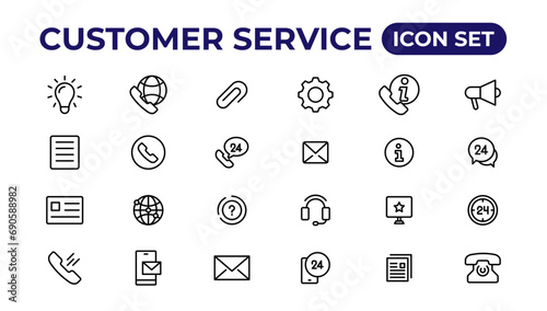 Customer service icon set. Containing customer satisfied, assistance, experience, feedback, operator and technical support icons.Thin outline icons pack.