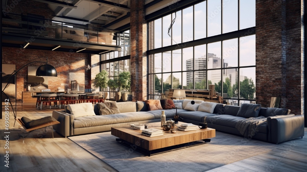 A 3d rendering of Modern Design Loft Living Room | Architecture