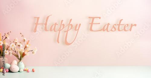 Happy Easter banner, poster, greeting card. Trendy Easter design with typography, flowers, eggs, in pastel colors. Modern minimal style