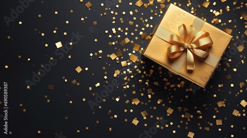 Gift box and golden ribbon on black background with glitter. Black friday sale concept
