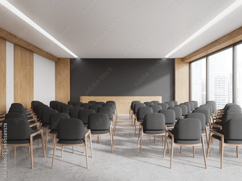 Obraz premium Modern audience interior with grey chairs in row and panoramic window