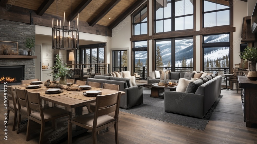 A beautifully appointed Living and Dining Room in a vacation home in Big Sky