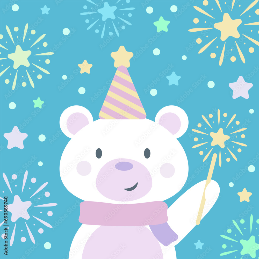 Cute polar bear with a sparkler and fireworks, new year clip art flat illustration, festive decoration or greetings card background design Cute polar bear with a sparkler and fireworks, new year clip art flat illustration, festive decoration or greetings card background design