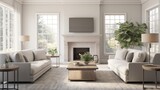 a bright and airy neutral beige gray living room den in a new construction house with a white and tiled fireplace as the main focal point as well as a decorative rug and lots of natural window light
