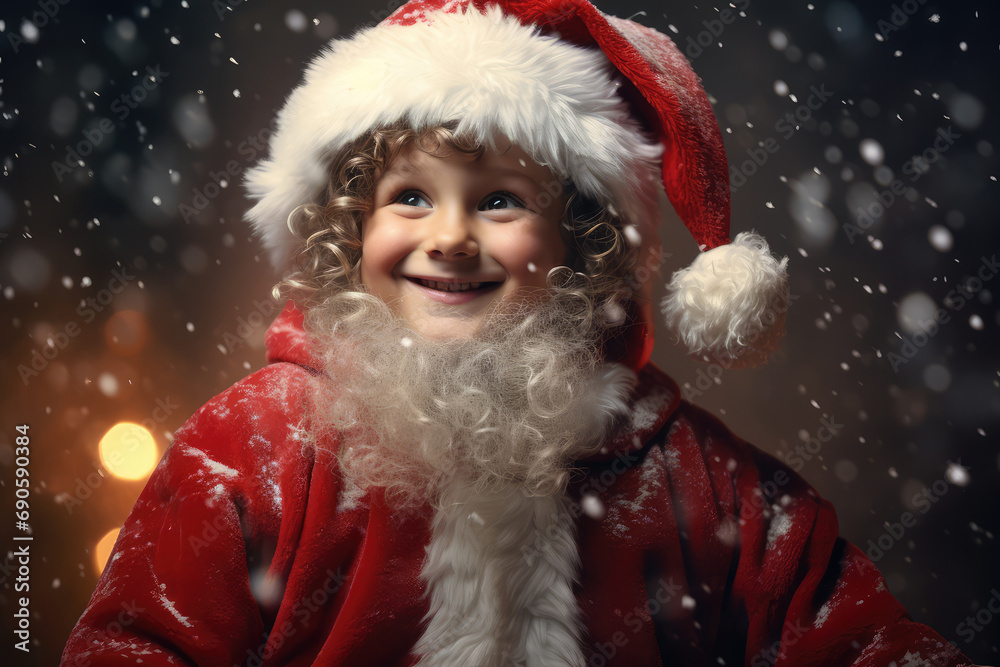 Little child in red hat with santa claus beard on a blurred winter background with lights.