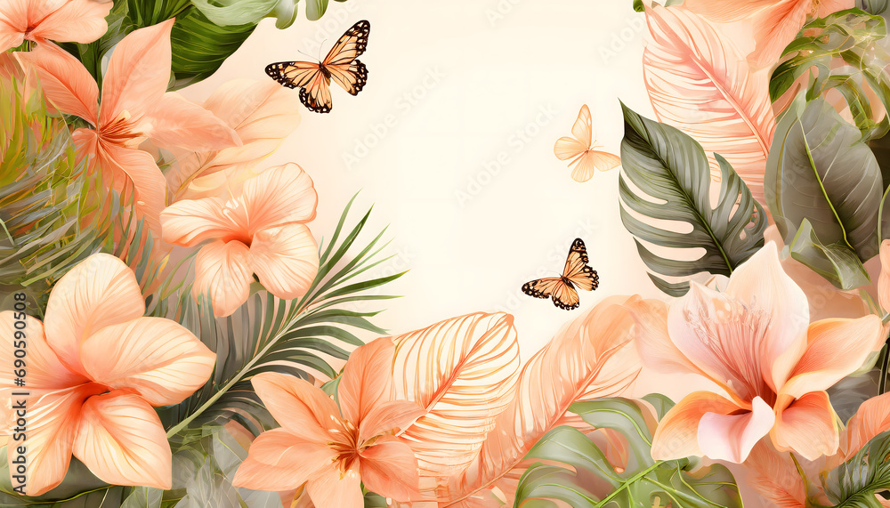 Schmetterlinge, blumen, hintergrund, pfirsich, fuzz, hintergrund, rahmen, farbe, des, jahres, 2024, textur, tropisch,  - obrazy, fototapety, plakaty 