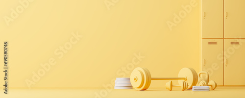 Barbell and dumbbells with gym lockers, copy space yellow background
