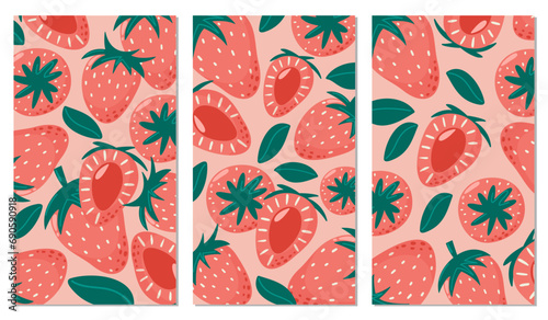 Set of strawberry backgrounds. Summer berry vector illustration in cartoon flat style. For banner, poster, flyer, stories