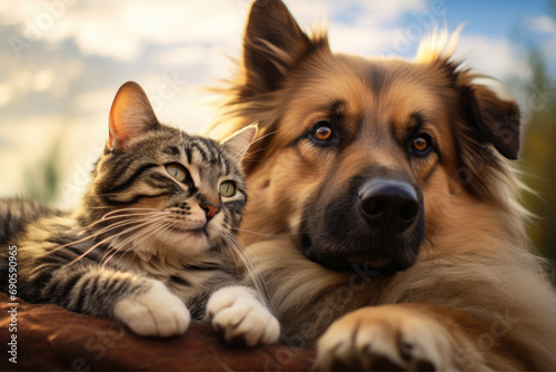 A dog and a cat lying down together, low angle shot, AI Generative
