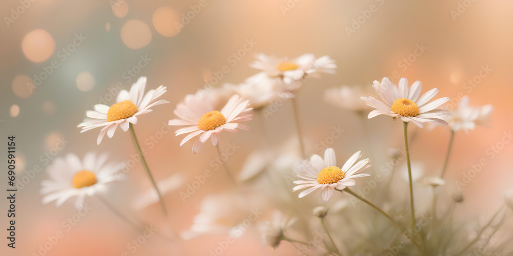 Chamomile flowers on blurred bokeh background in trendy Peach Fuzz color. Elegant backdrop for holiday banners, posters, cards