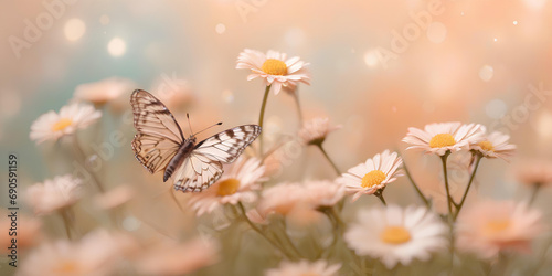 Chamomile flowers and butterfly on blurred bokeh background in trendy Peach Fuzz color. Elegant backdrop for holiday banners, posters, cards