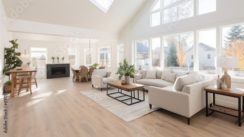 A light and bright open concept living room den with vaulted ceilings in a new construction house. © Classy designs
