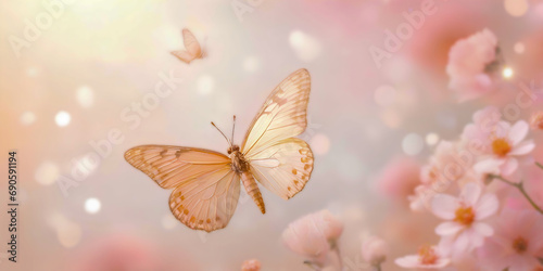 Spring flowers and flying butterflies on blurred bokeh background in trendy Peach Fuzz color. Elegant backdrop for holiday banners, posters, cards