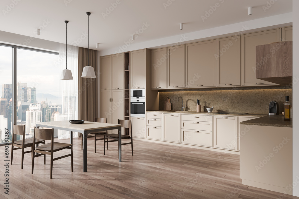Cozy luxury home kitchen interior dining table and classical cabinet, window Cozy luxury home kitchen interior dining table and classical cabinet, window