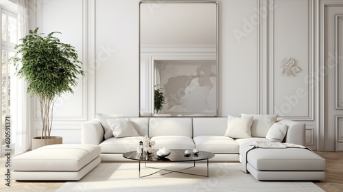 a living room with couches, coffee table and large mirror on the wall in the room is very clean White Background