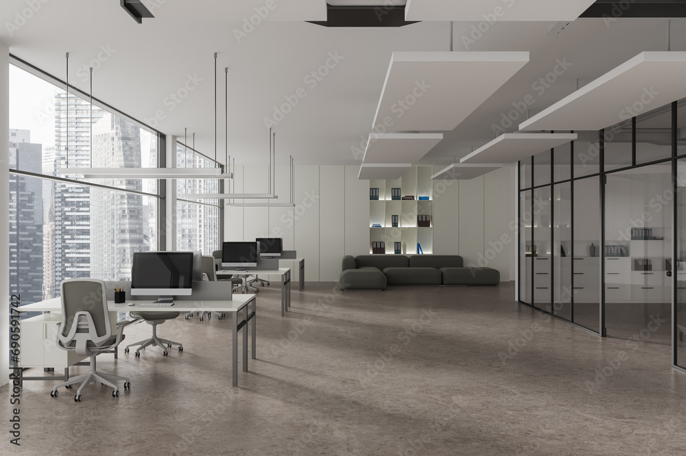 Modern office interior with coworking and lounge zone, panoramic window