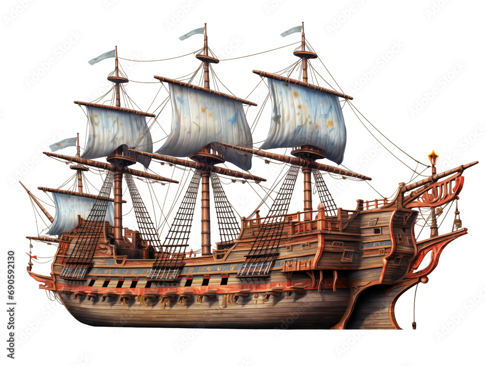 Naklejka premium Sailing old pirate ship made with wood isolated on transparent background. Generative AI