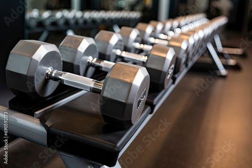 gym interior background of dumbbells on rack in fitness and workout room