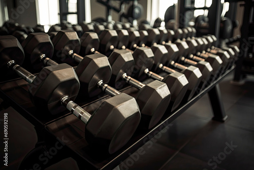 gym interior background of dumbbells on rack in fitness and workout room photo