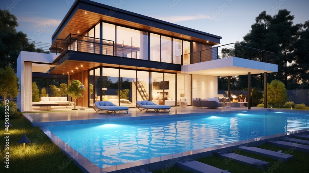 Backyard with pool in modern luxury house