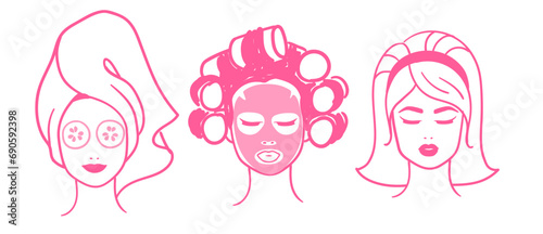 Vector illustration set of female portraits with facial masks wrapped with hair towel in pink color