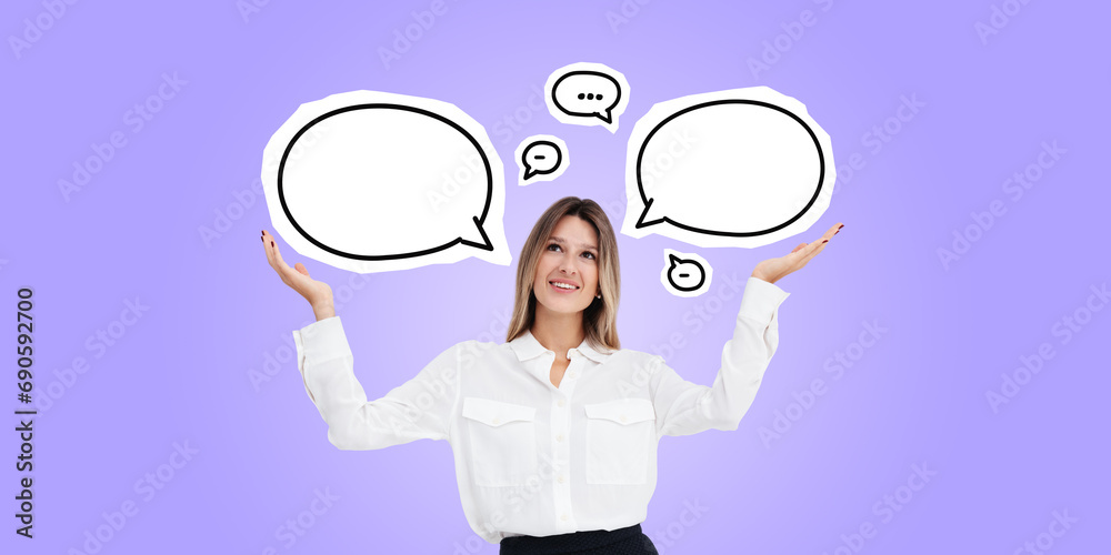 Happy young woman showing speech bubbles Happy young woman showing speech bubbles