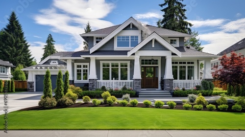 Beautiful exterior of newly built luxury home. Yard with green grass and walkway lead to ornately designed covered porch and front entrance © Classy designs