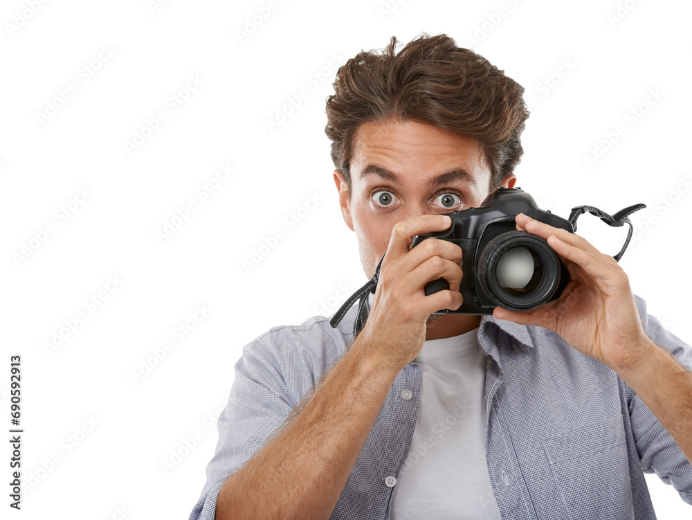 Photographer man, camera and click in studio with portrait, shooting or mockup space by white background. Reporter person, newspaper employee or journalist in media, paparazzi or photoshoot for story Photographer man, camera and click in studio with portrait, shooting or mockup space by white background. Reporter person, newspaper employee or journalist in media, paparazzi or photoshoot for story