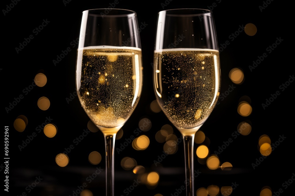 Champagne bubbles in shape of hearts in two glasses on black background with backlight. St. Valentine's day concept. Champagne bubbles in shape of hearts in two glasses on black background with backlight. St. Valentine's day concept.