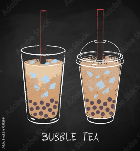 Bubble tea on black chalkboard background. Vector chalk drawn sideview grunge illustration.