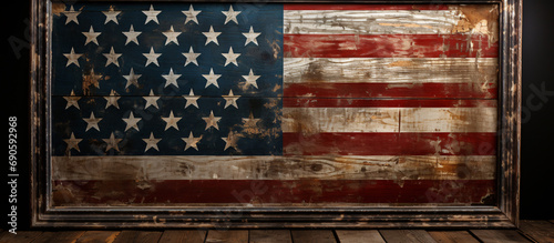 Distressd American flag is painted - Illustrative American flag paint splatter on vintage wooden boards - USA flag on old wooden board. Ai