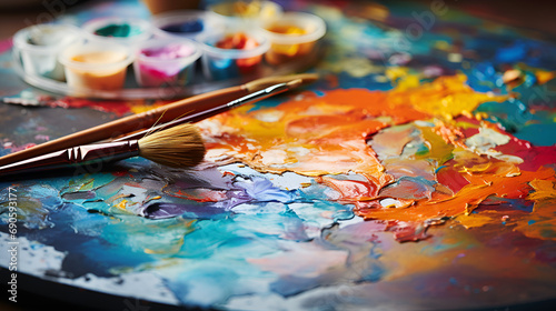 palette with paints and brushes, view of artist things , beautiful splashes of colors with brushes