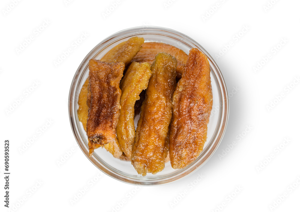 Organic dried sweet bananas on white background.Top view.Macro. Organic dried sweet bananas on white background.Top view.Macro.