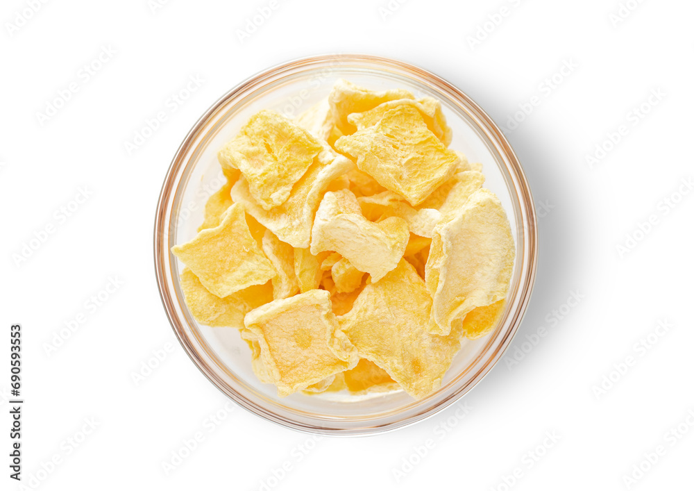 Freezed healthy mango bites on white background.Top view.Macro. Freezed healthy mango bites on white background.Top view.Macro.