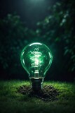 Light bulb with green energy inside on nature background. Innovation idea. Technology and nature concept. Alternative energy. Eco electric inspiration