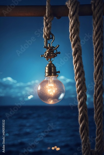 Light bulb with glow inside on sea background. Inspiration idea. Imagination concept. Electricity inspiration. Power environment