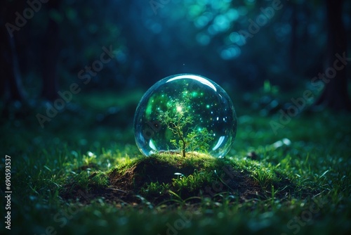 Green sprout inside the bubble on nature background. Creative ecology ideas. Magic glow