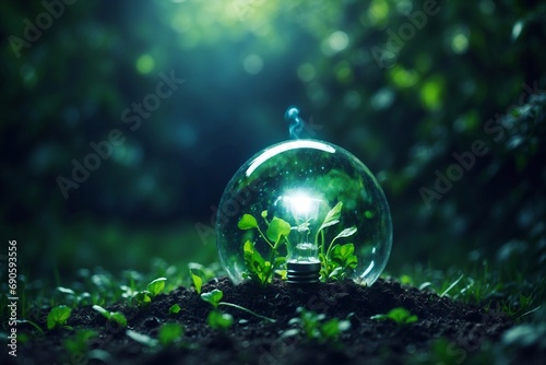 Light bulb with green energy inside on blue background. Creative echology ideas. Alternative energy concept.  Nature inspiration photo