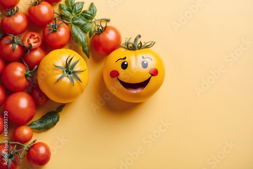 Funny tomato on yellow background. Fresh vegetables. Copy space. Advertising banner