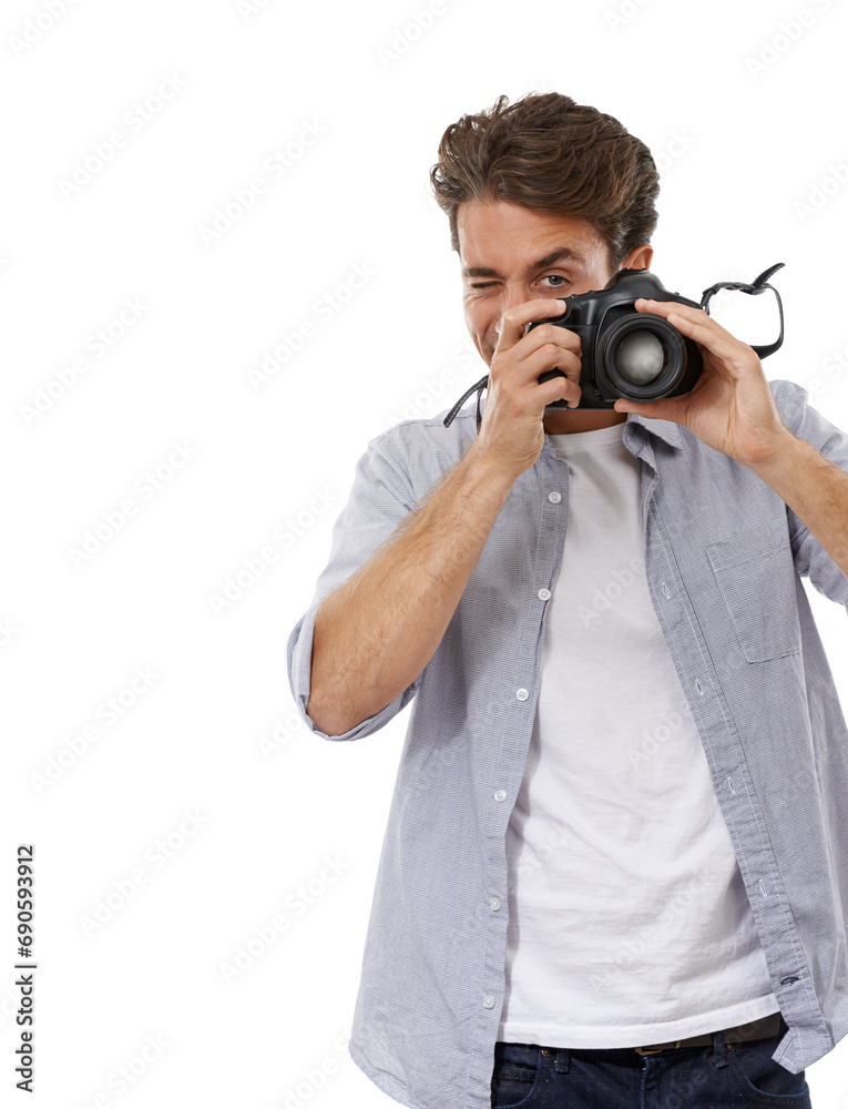 Photographer man, camera and click in studio with vision for shooting job by white background. Reporter person, newspaper employee and journalist for media, paparazzi and photoshoot for news story Photographer man, camera and click in studio with vision for shooting job by white background. Reporter person, newspaper employee and journalist for media, paparazzi and photoshoot for news story