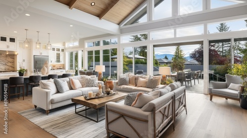 Beautiful living room interior in new luxury home with view of outdoor covered patio. Home interior with hardwood floors and open floor plan with vaulted ceilings