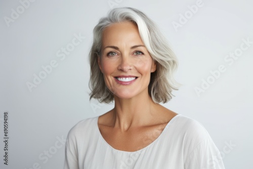 Beautiful gorgeous 50s mid aged mature woman looking at camera isolated on white. Mature old lady close up portrait. Healthy face skin care beauty, middle age skincare cosmetics