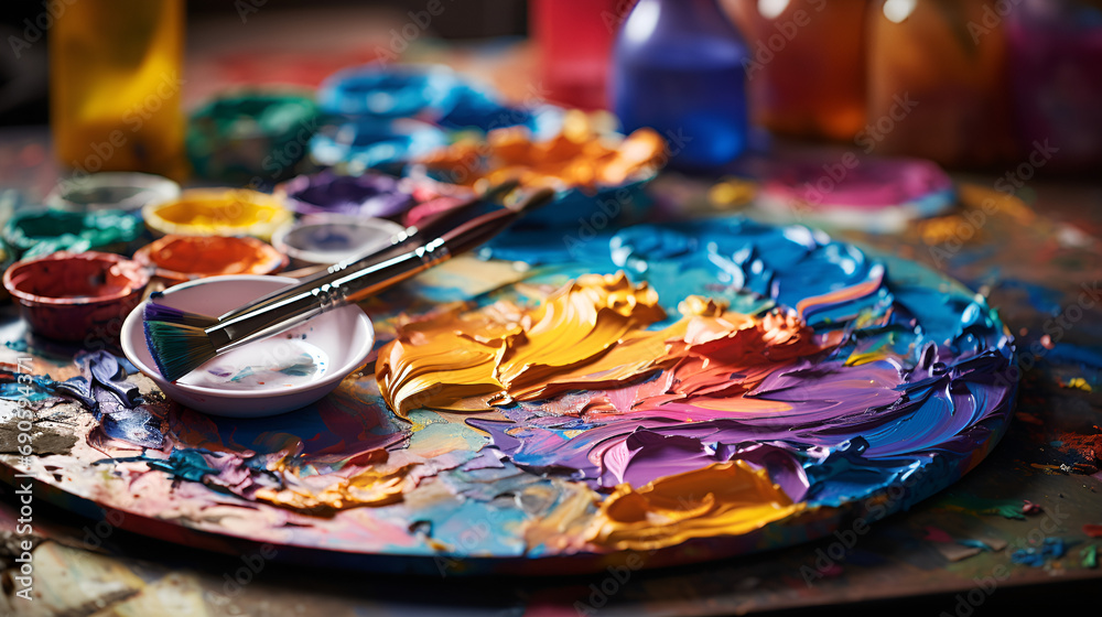 close up of a plate with colors , colors with brushes for painting ,splashes of colors 