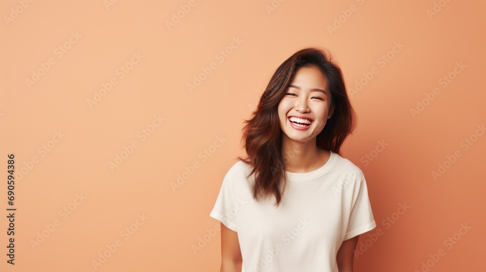 Beautiful confident Asian female in colorful sweater smile and cheerful standing against plain background, happy freelance or designer worker woman looking camera healthy face, long curly hairstyle Beautiful confident Asian female in colorful sweater smile and cheerful standing against plain background, happy freelance or designer worker woman looking camera healthy face, long curly hairstyle