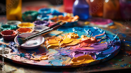close up of a plate with colors   colors with brushes for painting  splashes of colors 