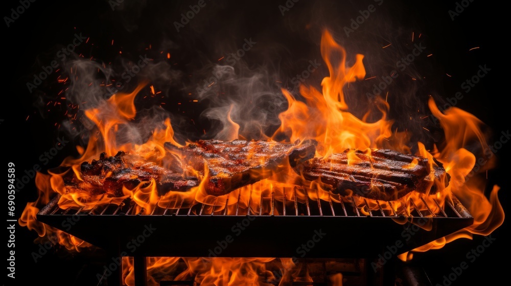 Obraz premium Barbecue Grill With Fire Flames, 16:9