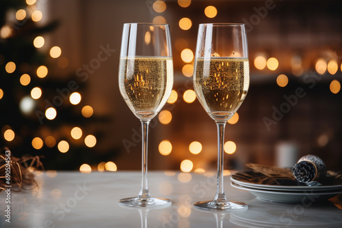 Glasses with champagne on the background of christmas decorations. Glasses of sparkling wine. New year mood. Christmas morning.