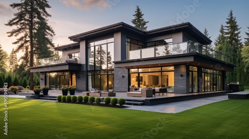 Beautiful, Newly Built Luxury Home Exterior with Green Lawn and Forest Backdrop, as Seen From Angle